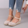 thumbnail image 2 of Rokment Womens Lace Flower Sequin Embroidered Wedges Dress Sandals White Vintage Linen Closed Toe Ankle Strap Espadrilles Platform High Heels Beach Summer Shoes for Bride Wedding A Size 6, 2 of 7