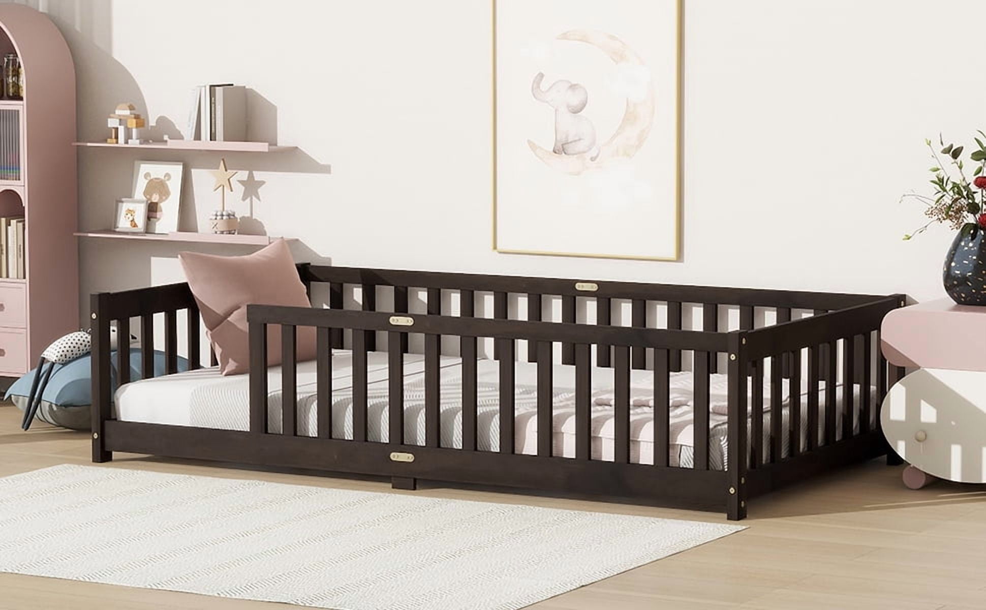 Rubber Wood Twin Kids Floor Bed with Full Surround Safety Fence (No Door), 7 Plywood Slats Platform Bed Holds 250LBS for ≤6 Inch Mattress No Box Spring Required