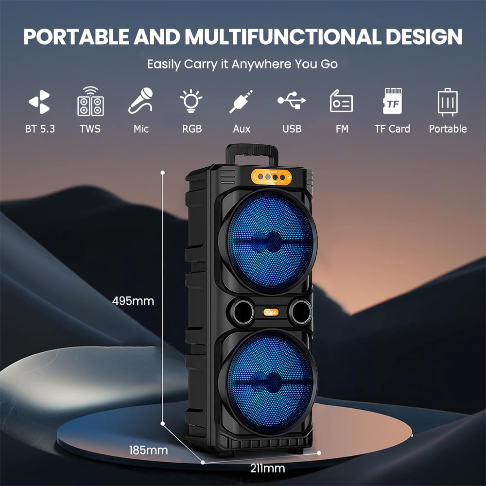 PEPWELL Portable Bluetooth Party Speaker Dual 8 Inch Woofers 2000W Peak Power - DJ RGB Lights, TWS Stereo, Bluetooth 5.3, Wireless Mic, Karaoke Machine, FM Radio, USB TF AUX, Heavy Bass Subwoofer