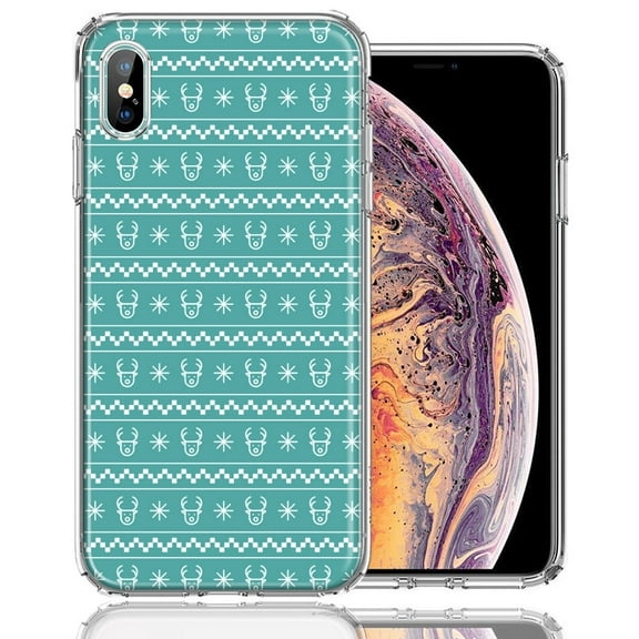 MUNDAZE For Apple iPhone XS/X Teal Christmas Reindeer Pattern Design Double Layer Phone Case Cover