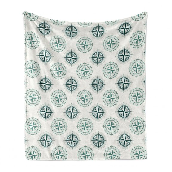 Nautical Soft Flannel Fleece Blanket, Windrose Circles Ship Yacht Navigation Adventure in Sailing Theme, Cozy Plush for Indoor and Outdoor Use, 70" x 90", Jade Green Off White Teal, by Ambesonne