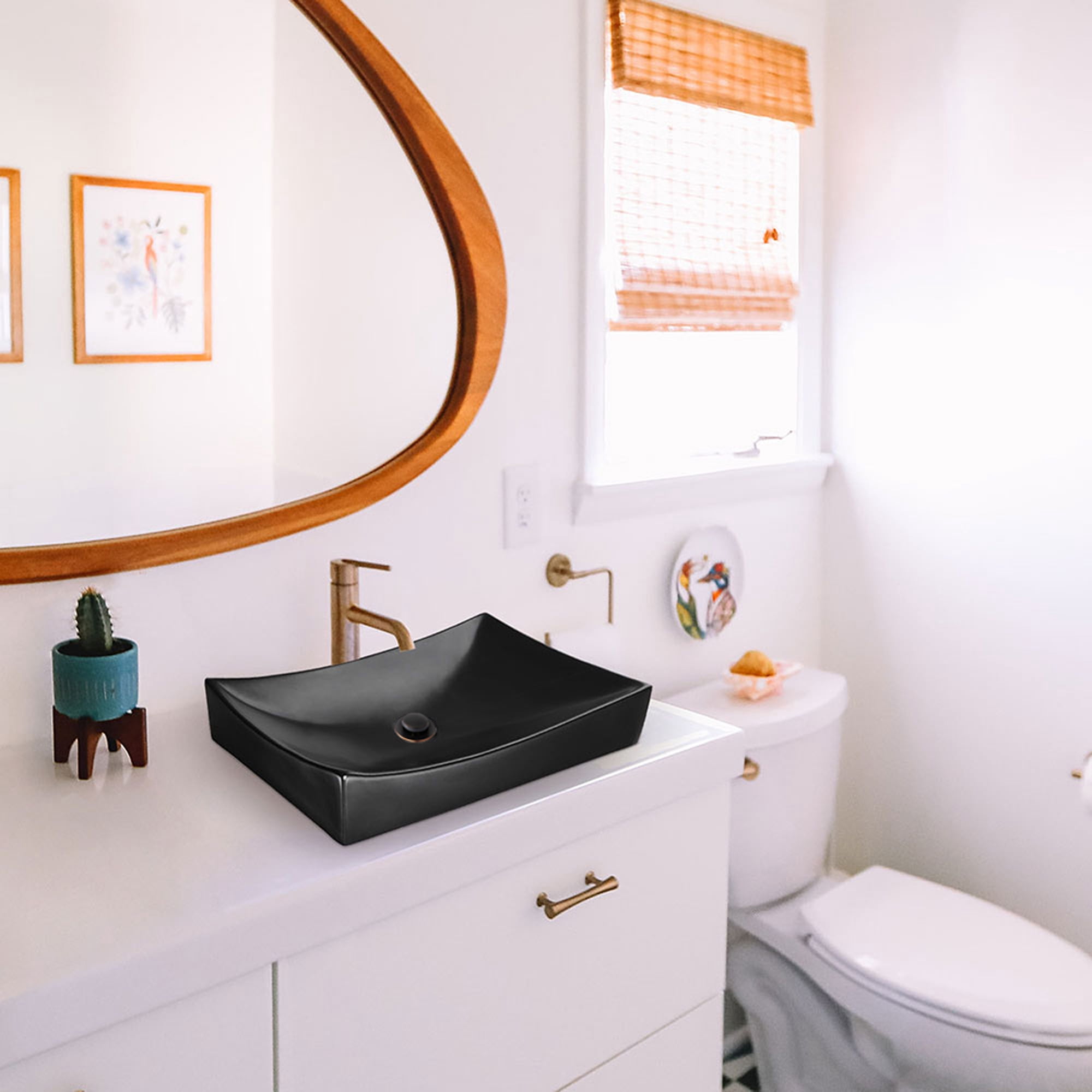Aquaterior 26" Black Rectangle Bathroom Vessel Sink Above Counter Porcelain Pop up Drain