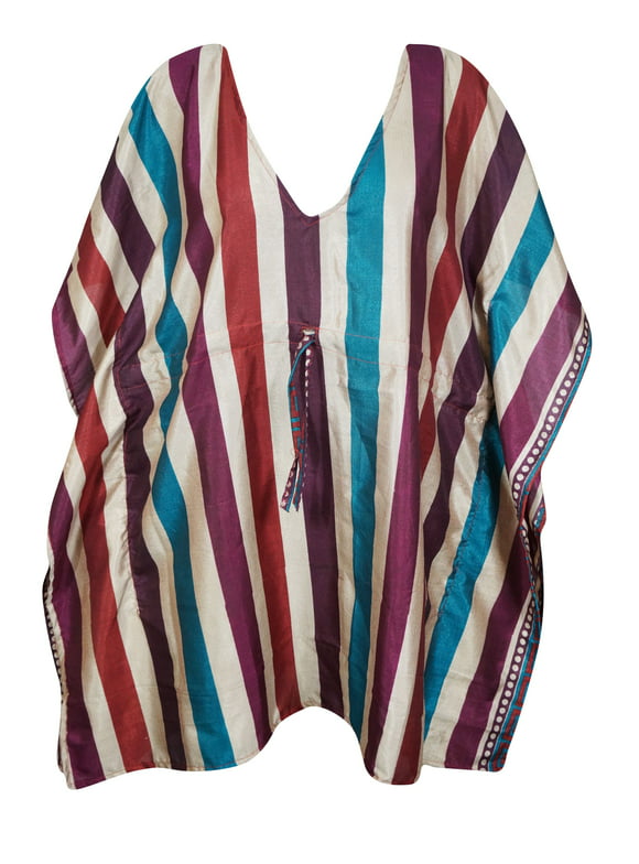 Mogul Womens Caftan Midi Dress, Purple Stripe Print, Resort Wear M-XL