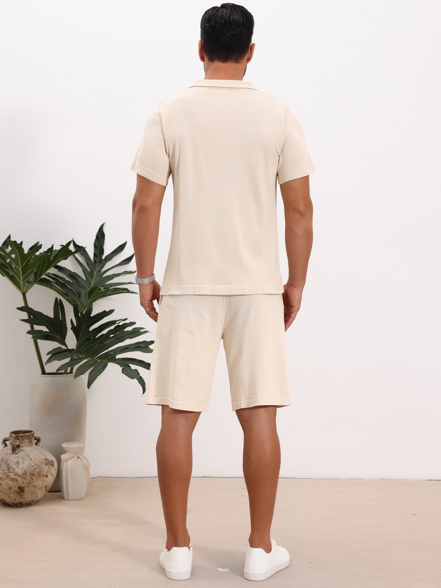 DARING DIVA Men's 2 Pieces Sets Summer Polo Shirt & Shorts Printed Knit Outfits L Beige