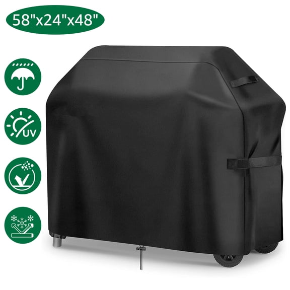 Tvird BBQ Grill Cover, 58"x24"x48" Gas Grill Cover Waterproof 420D Oxford Fabric for All-Weather Protection, with Windproof Drawstring & Buckle Clips, Fits Weber Char-Broil & Most Brands, Black