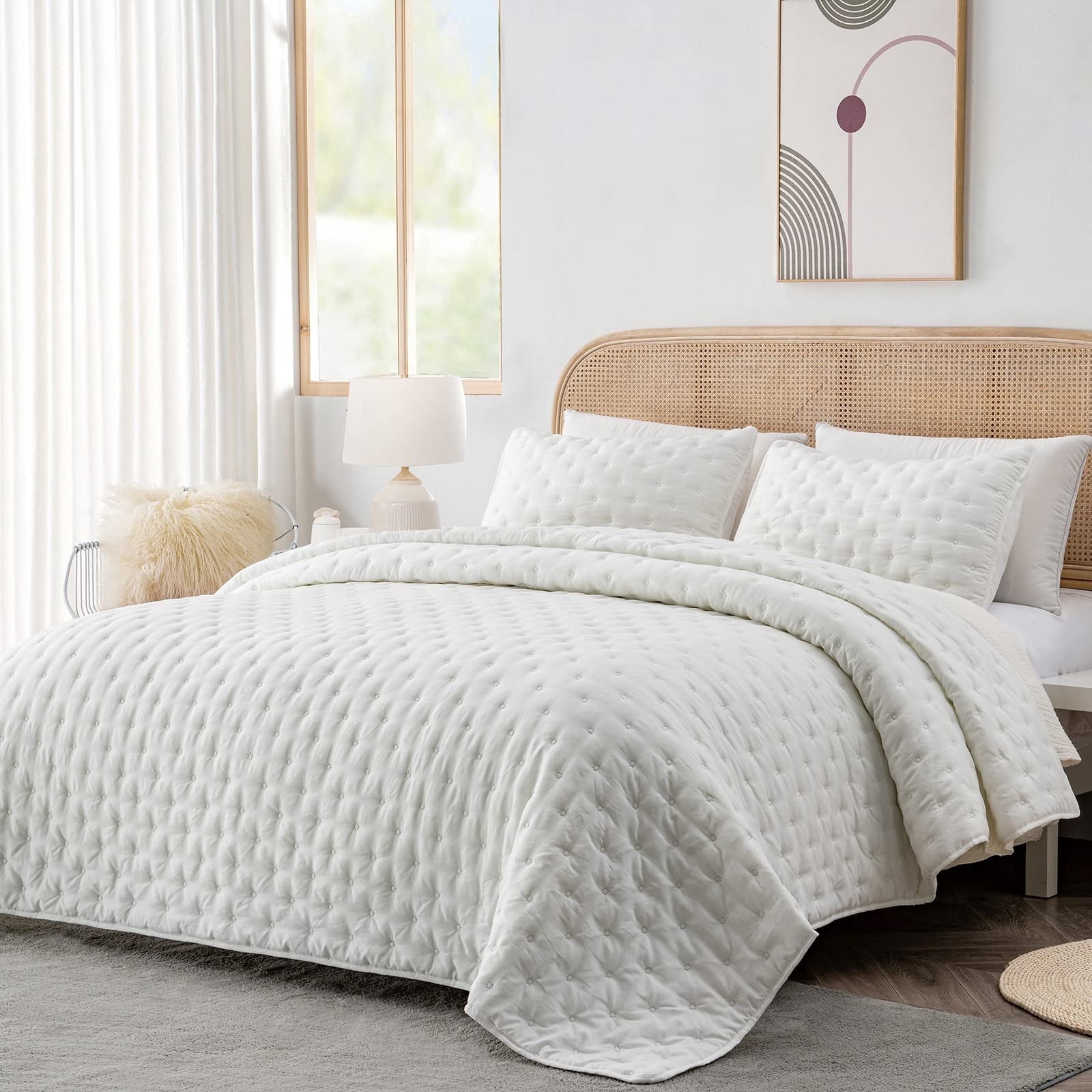 Queen Size Quilt Set, 3-Piece Soft Lightweight Quilts Queen Bedspread Bedding Set Dotted Circle