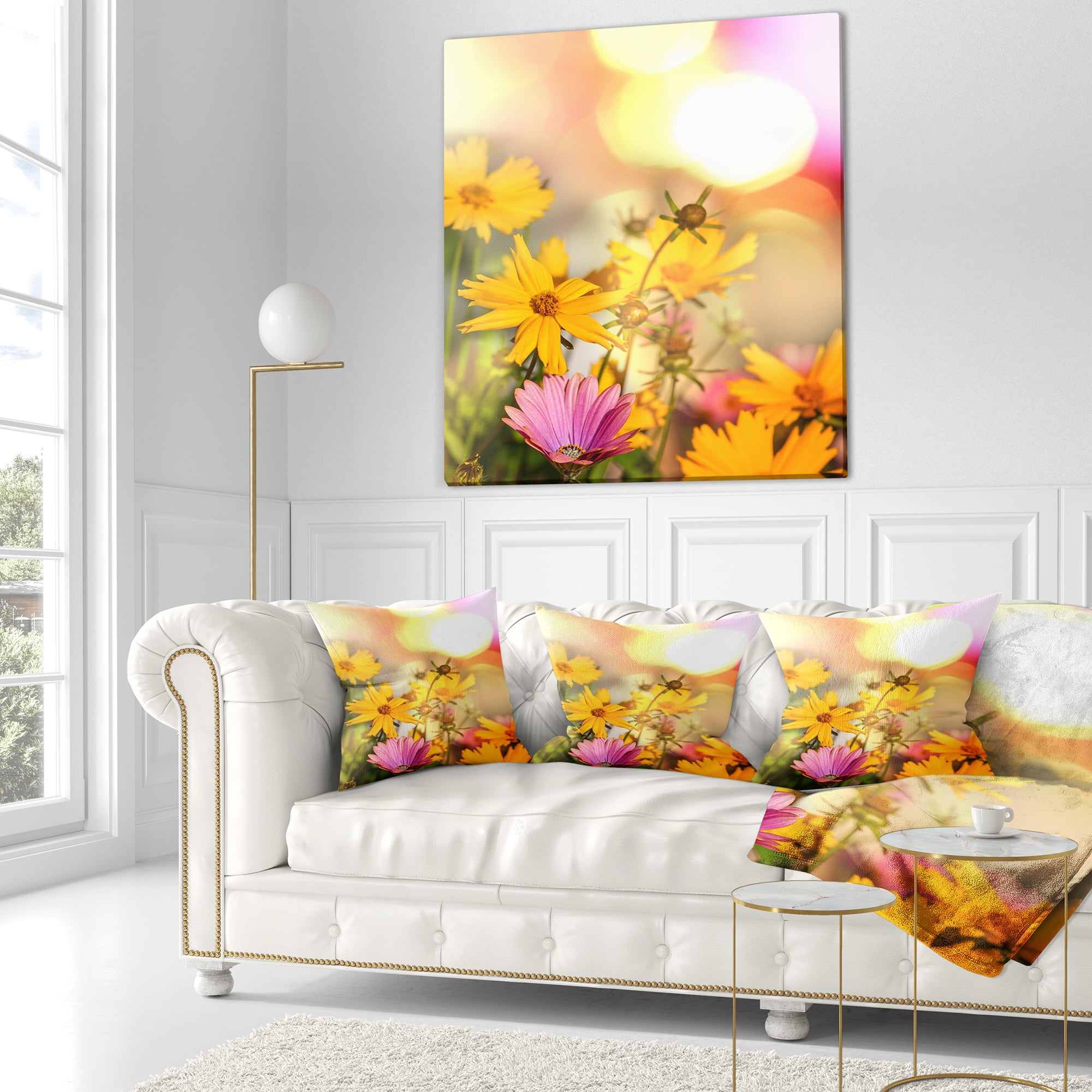 Designart Blooming Yellow and Pink Flowers - Floral Throw Pillow - 16x16