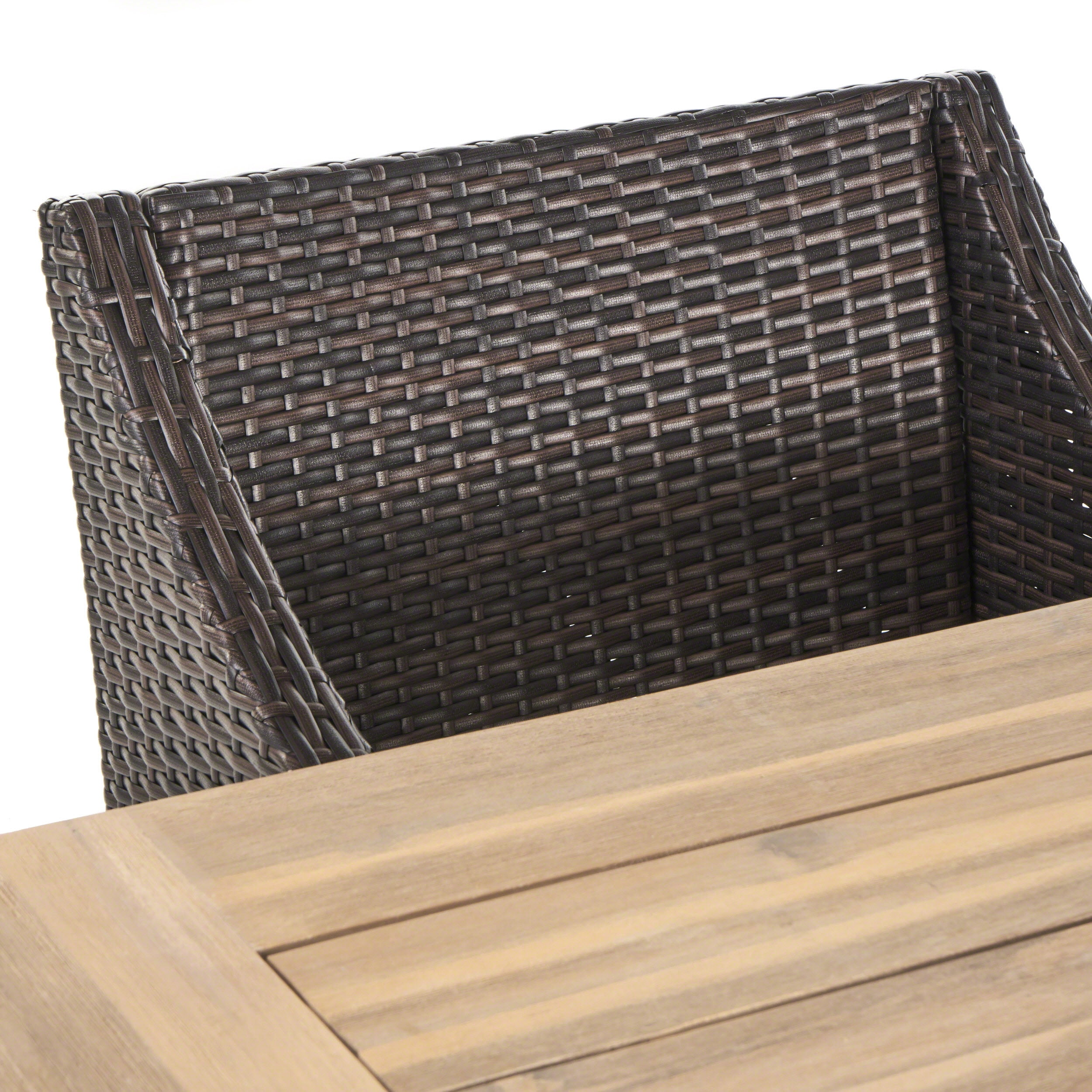 Sherwood Outdoor 6 Piece Acacia Wood Dining Set with Multibrown Wicker Dining Chairs with Cushions, Brushed Grey, Beige
