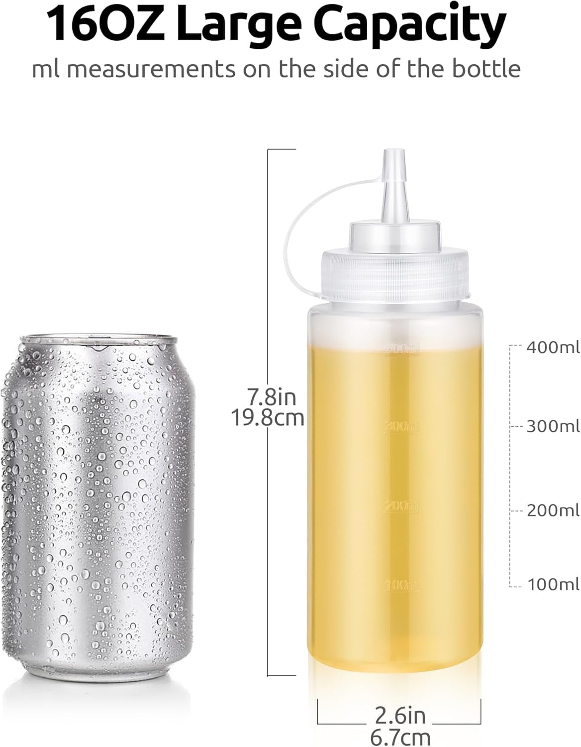 U-Taste 16oz Condiment Squeeze Bottles: Sauce Bottles with Twist on Caps and Measurement, Leakproof Squirt Reusable Plastic Oil Container Dispenser for Ketchup, BBQ, Salad, Dressing (Pack of 6)