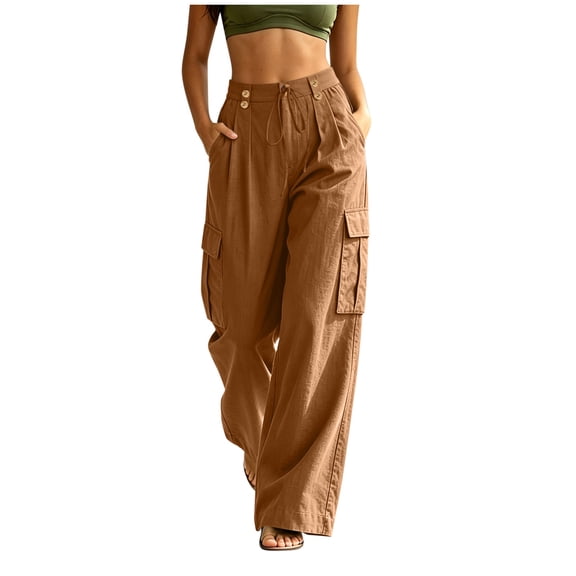 ZHYou No Boundarie Cotton Linen Cargo Pants for Women Casual Wide Leg Button Drawstring Waisted Loose Fit Pants with Patch Pockets,Coffee,Size S