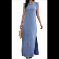 thumbnail image 2 of Vestido Maxi de Verano 2025 para Mujer, Informal, Holgado, con Abertura, Sin Arrugas, con Cuello Redondo y Bolsillos, Color Azul Vaquero S, 2 of 9