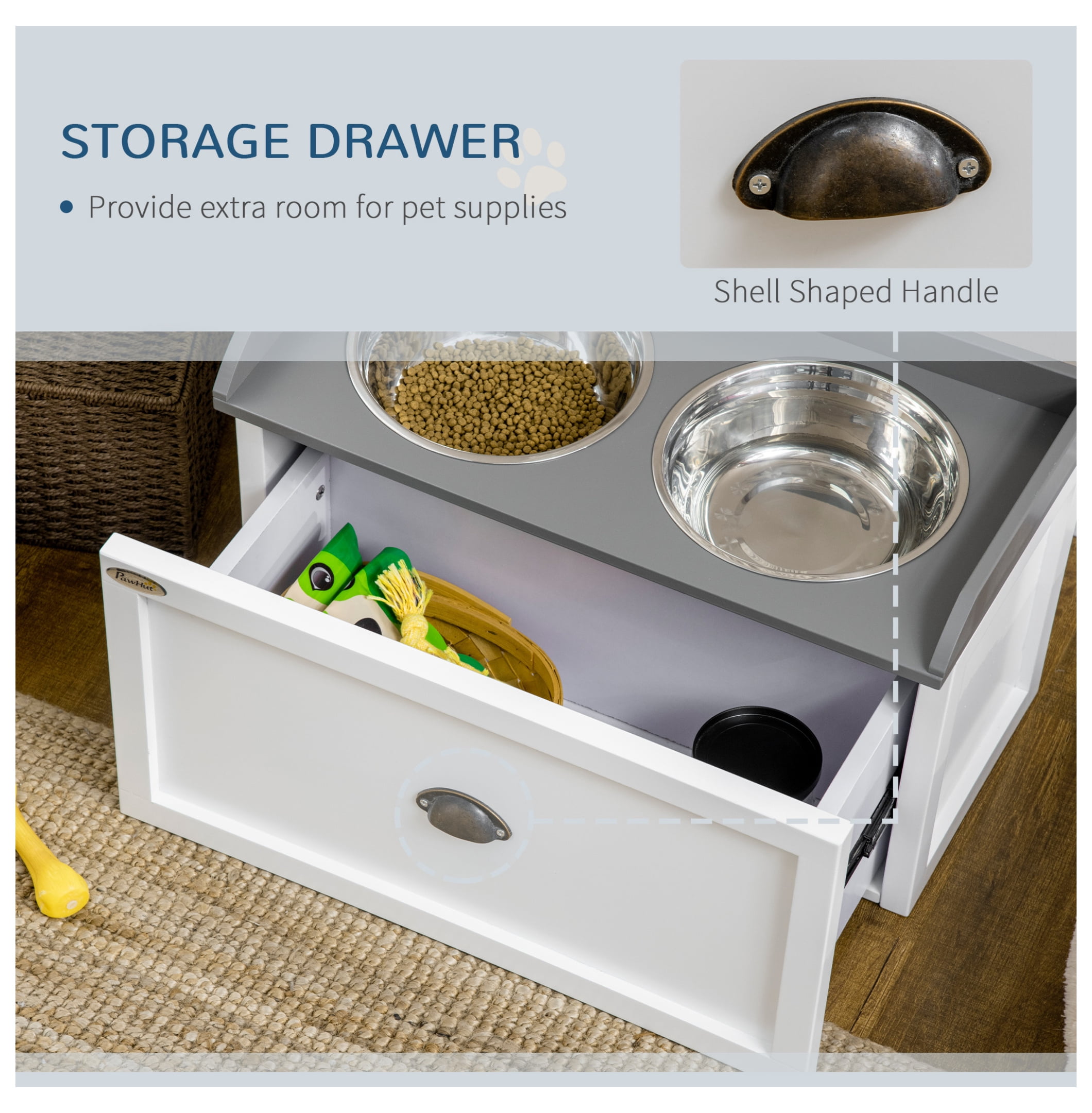 Dog Feeding Station with Storage, Elevated Bowls for Large Dogs - White Pet Feeder with Drawer & Cabinet