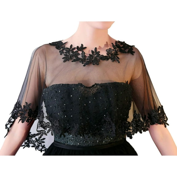 Zhengup Lace Wedding Shawl Wrap for Women Evening Cape Bridal Shoulder Covers UP Scarf for Dress Prom Party (Black)