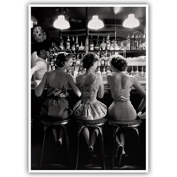 Vintage Black and White Posters Trendy Women Drink Cocktail Wall Art Funky Girly Room Decor Retro Alcohol Canvas Prints Three Friends Pictures for Bar Cart Apartment Dorm Aesthetic 12x16in Unframed