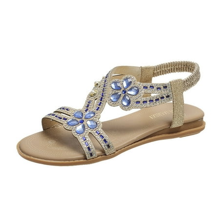 

Womens Sandals Fashion Spring Summer Flat Women Sandals Flower Rhinestone Open Toe Beach Style