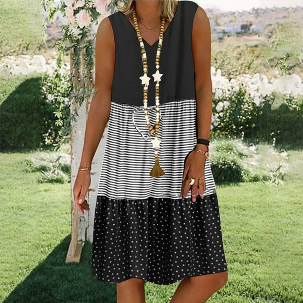 Abomasnow - Vestido corto informal de talla grande para mujer, de verano, holgado, a la moda, con cuello en V, rayas, lunares, manga corta, volantes, dobladillo escalonado, de lino, para playa y sol,