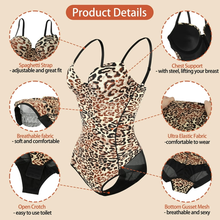 COMFREE Sexy Leopard Print Jumpsuit for Women Butt Lifting Bodysuit Bust  Support Shapewear Open Crotch Body Shaper