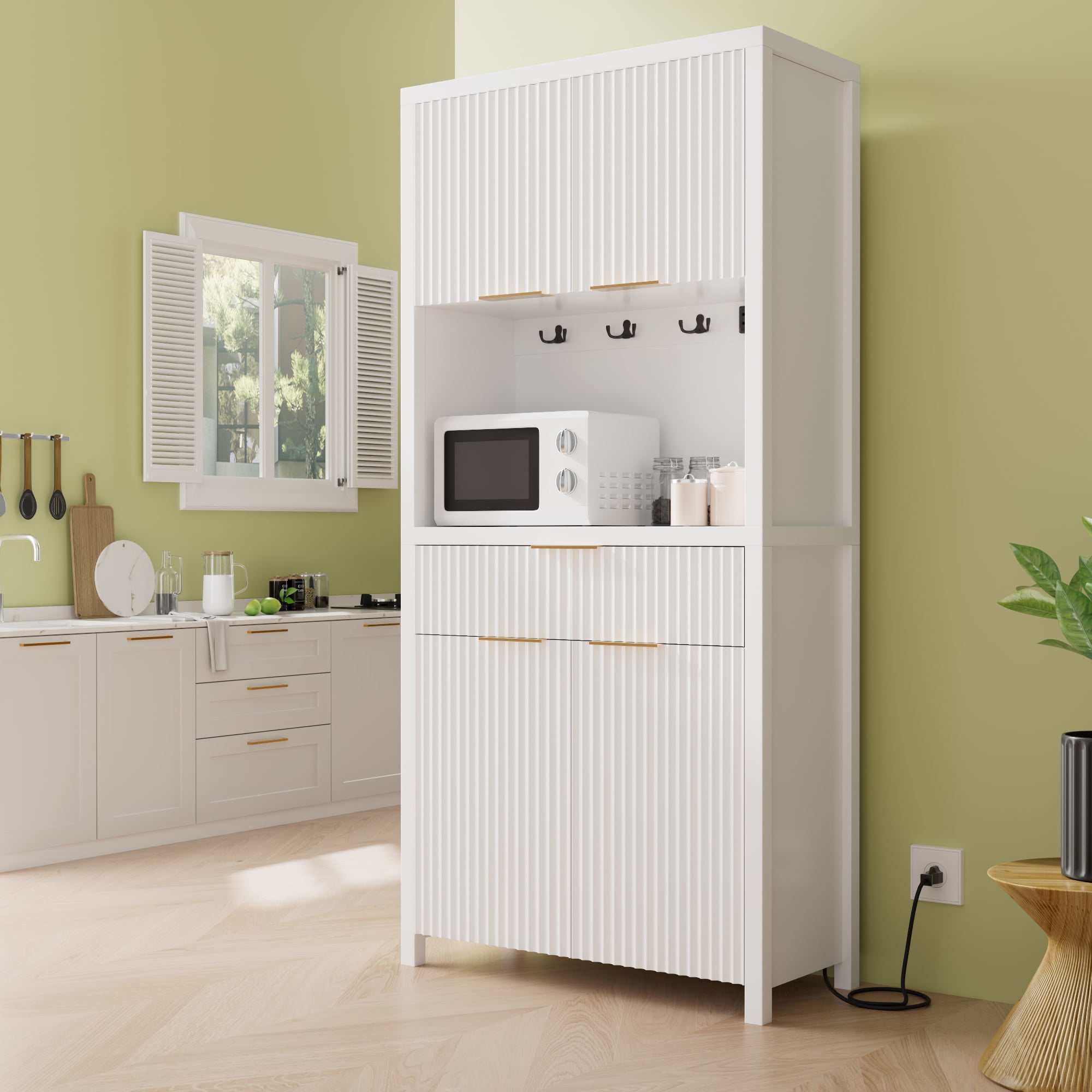 GIKPAL Kitchen Storage Cabinets with Drawer, Pantry Cabinet with Charging Station, Pantry Organizer with Adjustable Shelves, Hutch Cabinet with Storage for Dining Living Room , White Set of 2