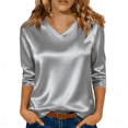 thumbnail image 2 of Dressy Tops for Women 3/4 Sleeve Silk Satin Blouses Business Work T Shirts Loose Fit V Neck Spring Summer Outfits 2026 #03Light Gray 2XL, 2 of 6