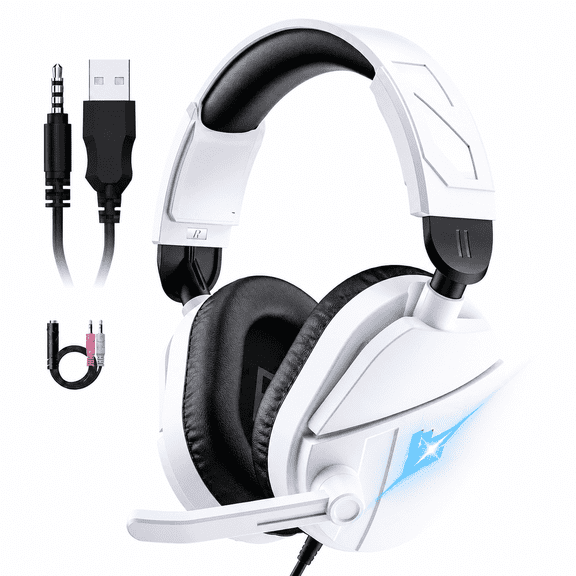 Gaming Headsets with Noise Cancelling Microphone, Xbox One & PS5 PS4 Headphones, High-Quality Stereo Sound, LED Light, Soft Memory Earmuffs for Ultimate Comfort, Wired Over-Ear Headset for PC, Laptop