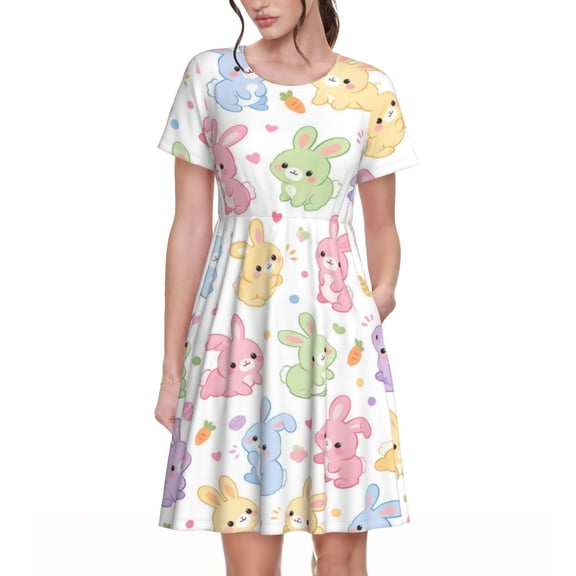 Easter Cute Bunny Women's Dresses Short Sleeve Nightdresses for Summer