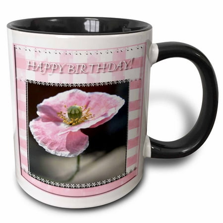 

3dRose Pink Poppy Flower Happy Birthday Two Tone Black Mug 11oz