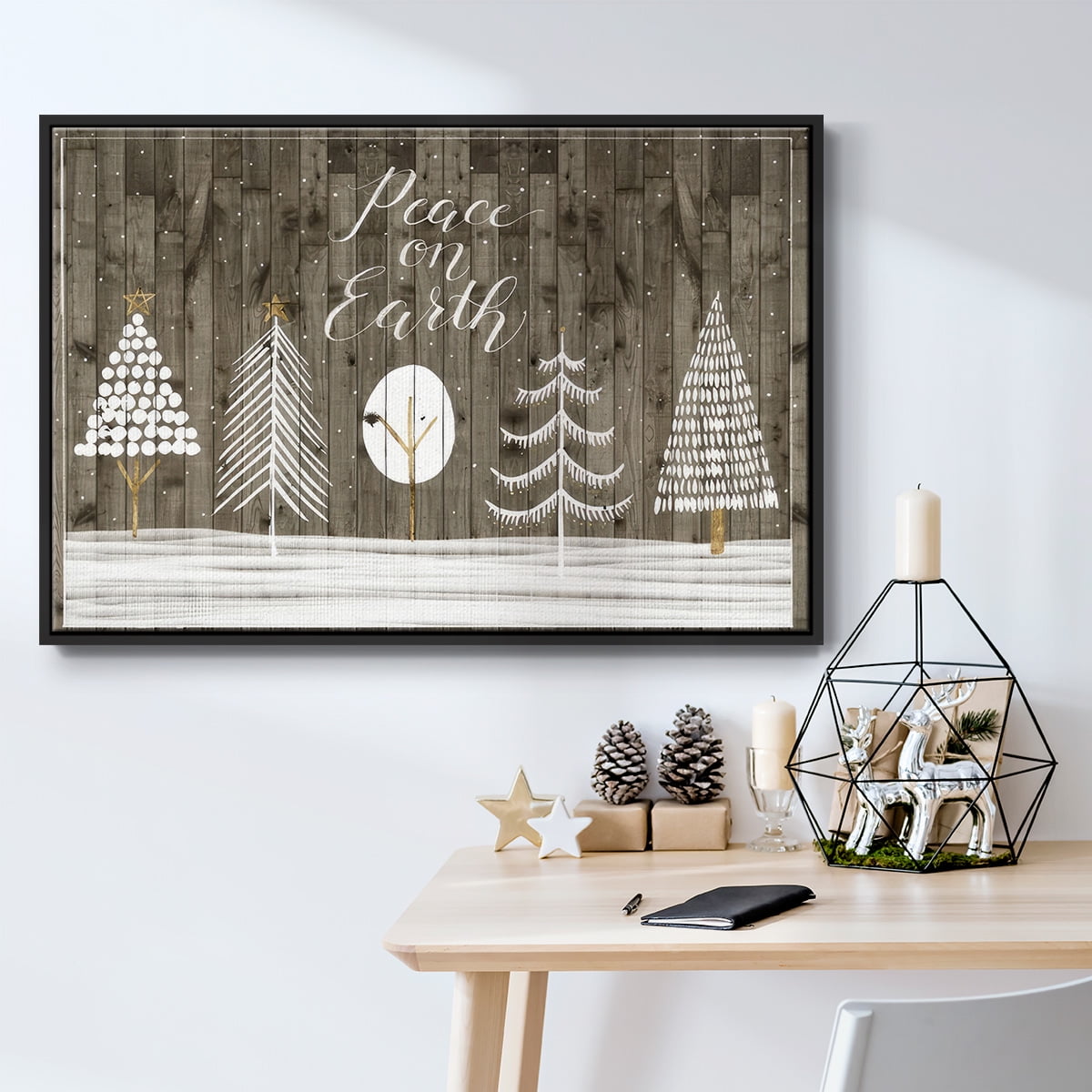 Wooded White Christmas Collection A - Framed Gallery Wrapped Holiday Canvas - 25 x 37 - Black Frame