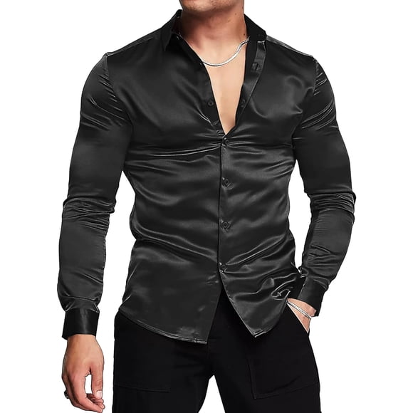 Chemise Habillée de Luxe pour Hommes en Satin de Soie Brillant Manches Longues Ajustée Décontractée Boutonnée