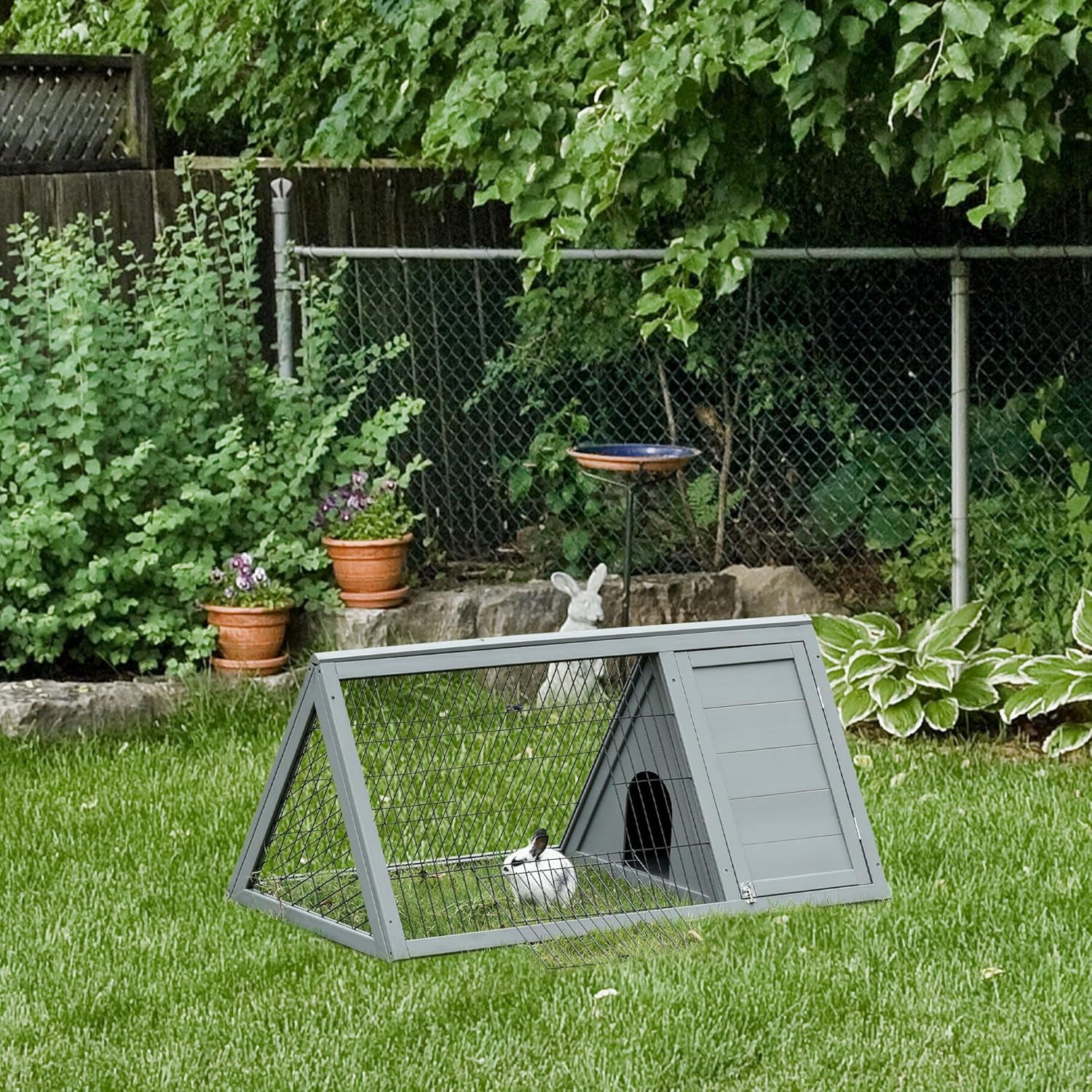 WSWJY 46" x 24" Wooden A-Frame Outdoor Rabbit Hutch, Small Animal Cage, Bunny Hutch with Outside Run & Ventilating Wire, Gray
