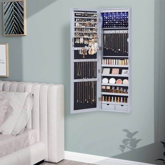 LEDREM LED Illuminated Jewelry Cabinet - 47" Tall Wall/Door Mount Organizer with Full-Length Mirror & 200 Storage Slots, 2 Drawers, Gray