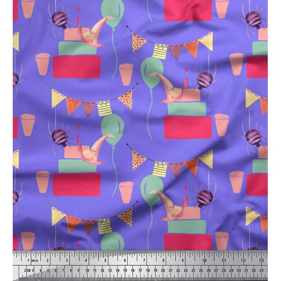 Soimoi Polyester Crepe Fabric Hanging Flag,Gift Box & Balloon Party Fabric Prints by Yard 52 Inch Wide