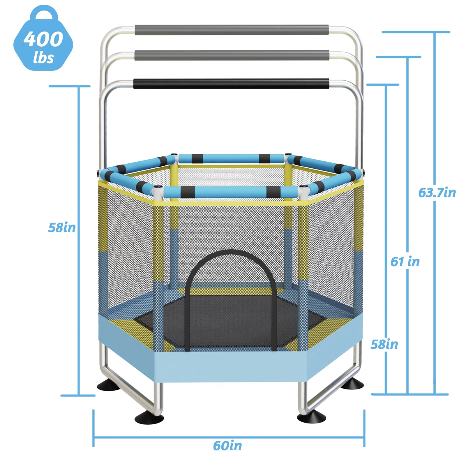 62" Trampoline for Kids with Enclosure, Indoor & Outdoor Toddler Trampoline with Adjustable Gymnastics Bar & Toys, for Boys & Girls, 440lbs, Yellow&Green