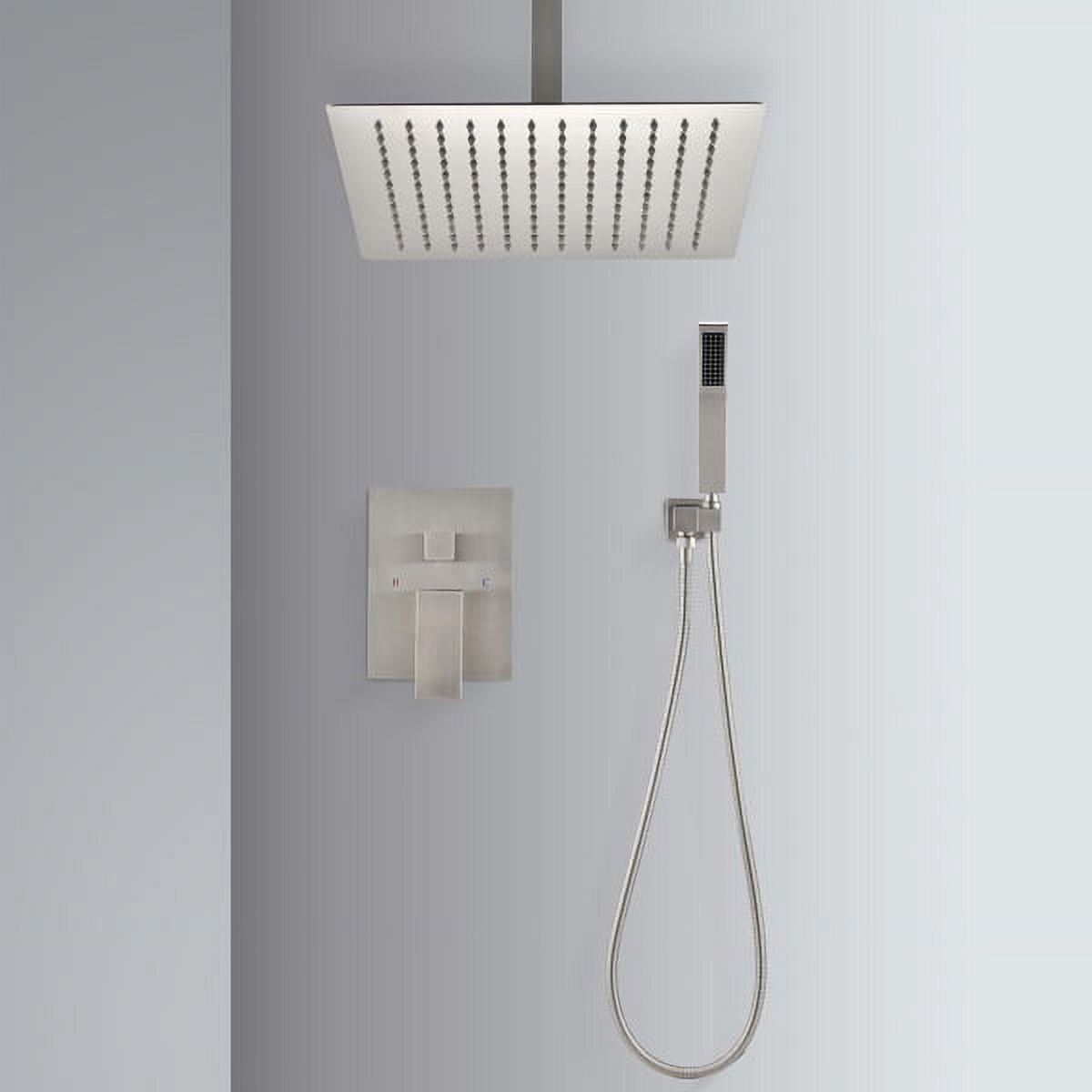 16" Ceiling-Mounted Shower System – Brushed Nickel Stainless Steel Rainfall Shower Head & Handheld Sprayer, Brass Combo with Air-In Tech for Low Pressure