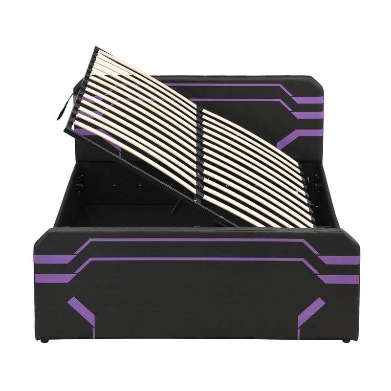Queen Size PU Leather Gaming Bed Frame with Hydraulic Storage, Cyberpunk Style Platform Bed with Futuristic Pattern Headboard