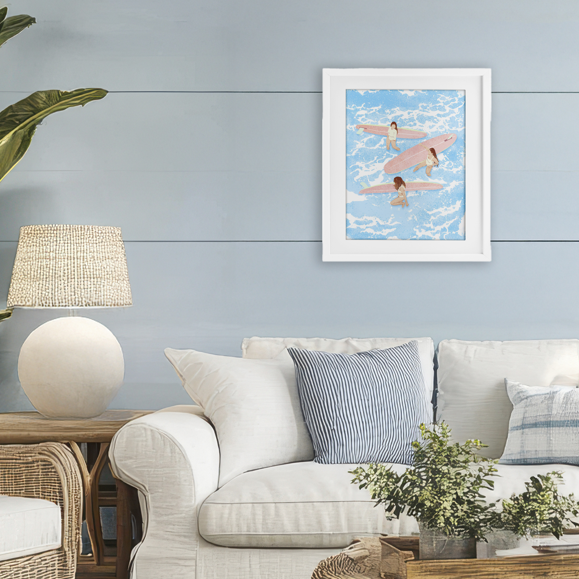 Surfing Girls Trio White Framed Print Under Glass, design by Ziwei Li