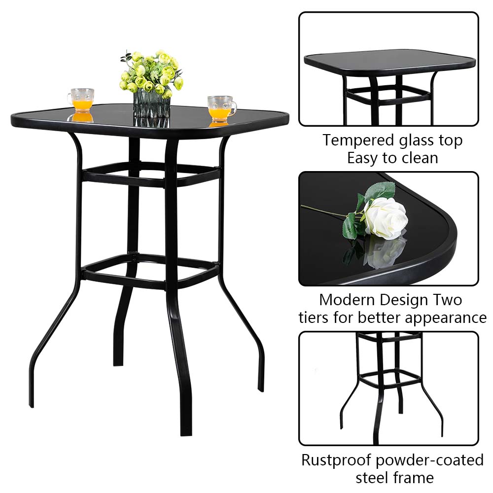 Veryke Patio Bar Table, Bar Height Patio Table for Outdoor Garden, Bistro Glass Top Metal Frame Square Tempered Furniture, Black - image 3 of 6