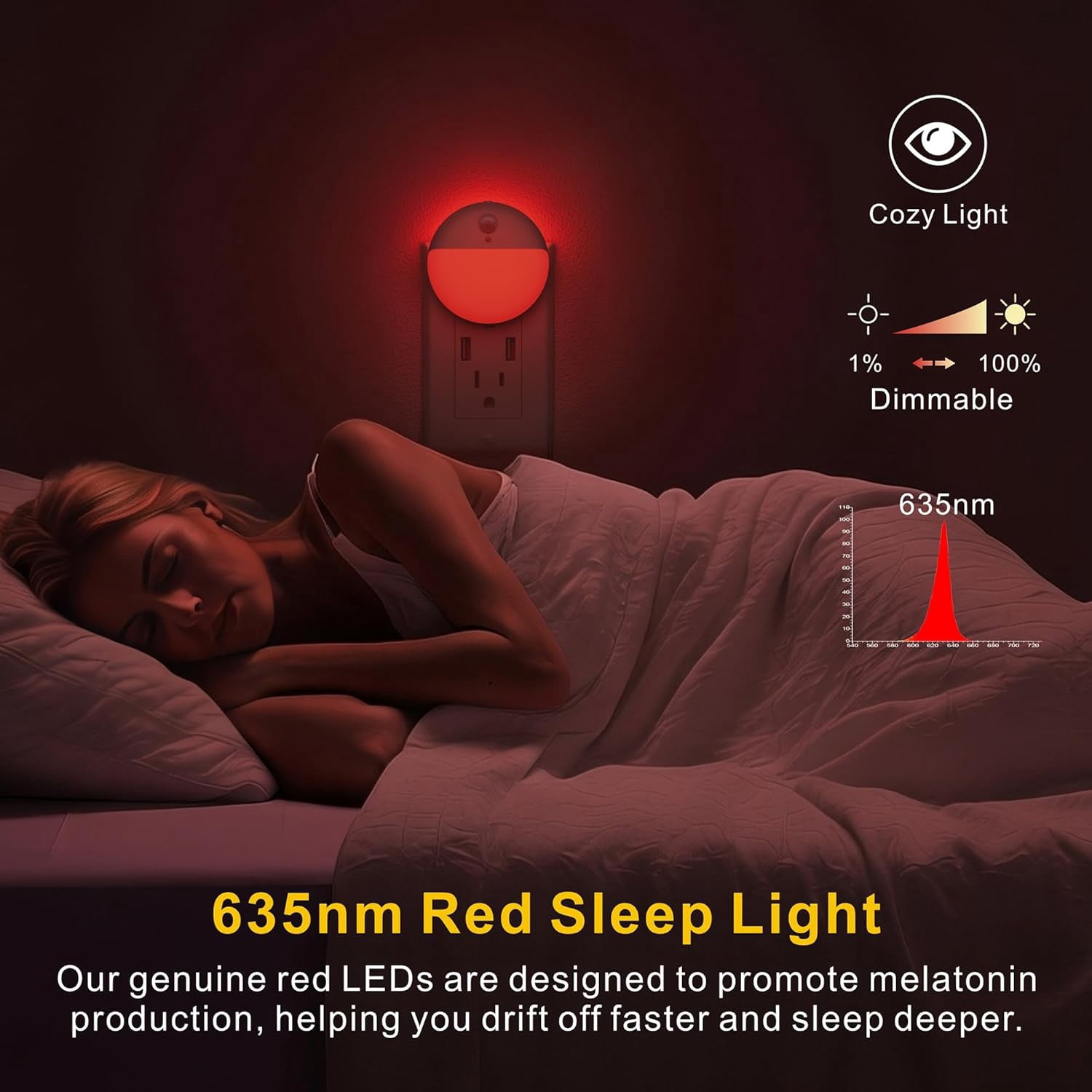 2 Pack Plug in Red Sleep Night Light with Motion Sensor and Dusk to Dawn Sensor, 3 Modes, Soft Glow, Stepless Dimming, LED Lights for Bedroom, Sleep, Baby Nursery, Kids, Toddler, Home Decor