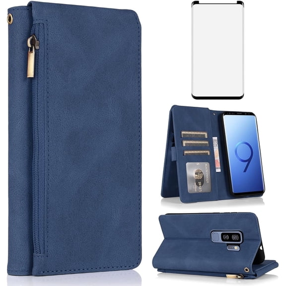 Asuwish Wallet Kickstand Hard Shell Cell Phone Case with Tempered Glass Screen Protector for Samsung Galaxy S9 Plus, Blue