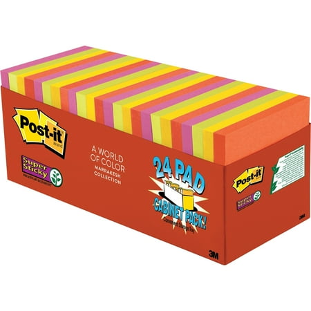 Post-it Super Sticky Notes Cabinet Pack, 3in. X 3in., Marrakesh Color Collection, 90 Sheets per Pad, 24 Pads per Pack