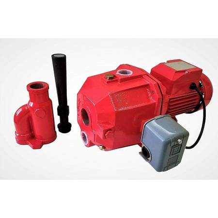 Convertible Deep Well Jet Pump, 1 hp Dual V, Brass Impeller, with Pressure Switch, Nozzle, Adaptor, Red, Cast (Best Hand Well Pump)