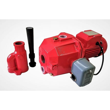 1 Hp Jet Pump (Convertible Deep Well Jet Pump, 1 hp Dual V, Brass Impeller, with Pressure Switch, Nozzle, Adaptor, Red, Cast)