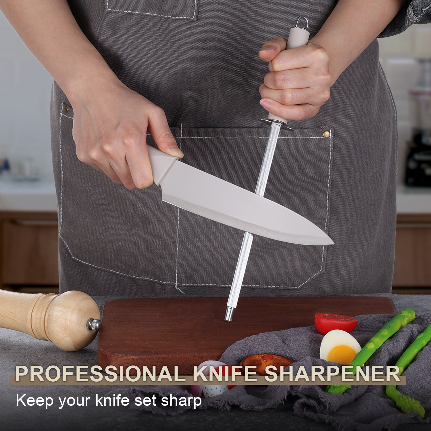 Walchoice 15 Pieces Knife Set with Block, High Carbon Stainless Steel Kitchen Knife Set with Sharpener, Rust Resistant & Dishwasher Safe - Khaki