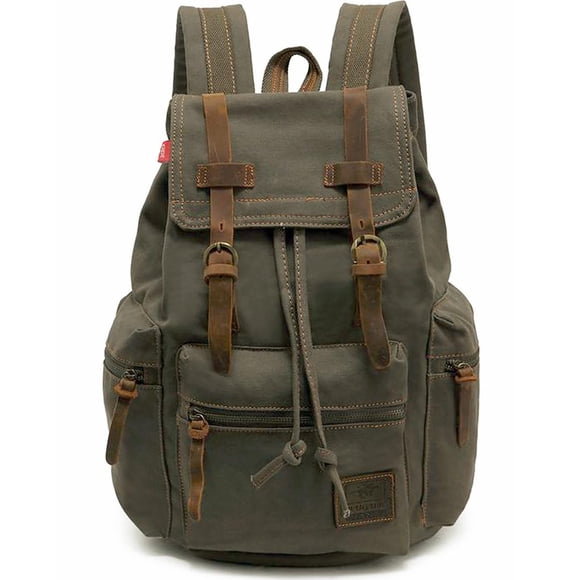 Mochila HuaChen M32 Vintage de Lona y Cuero 29L Verde Ejército