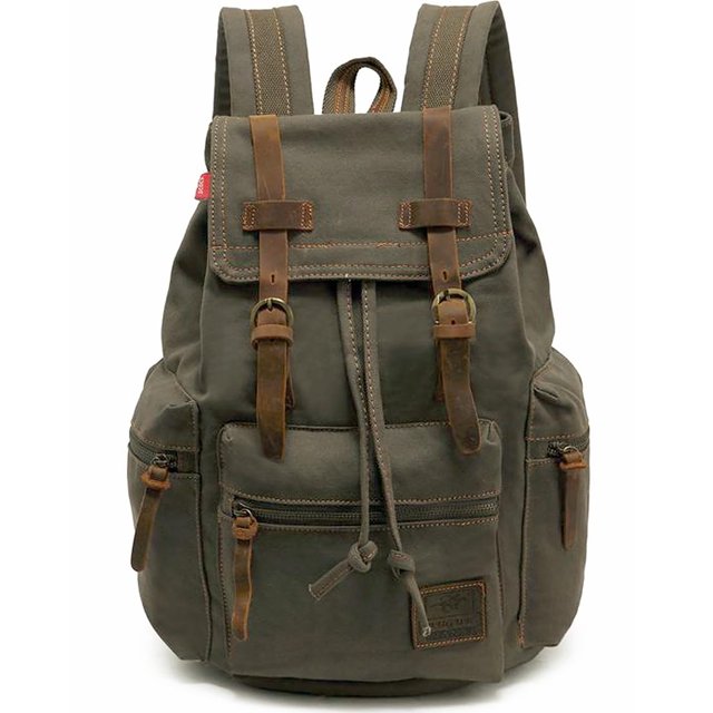 Mochila HuaChen M32 Vintage de Lona y Cuero 29L Verde Ejército