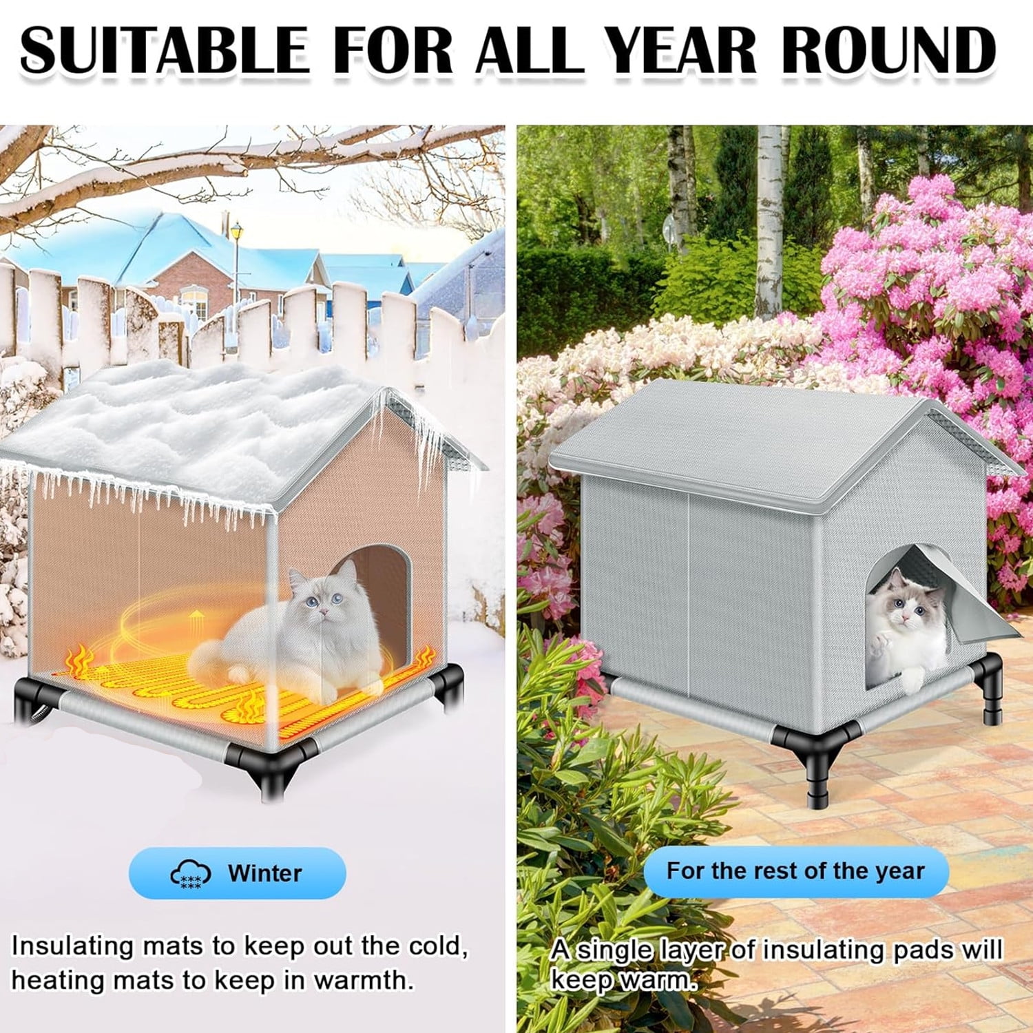 XZKING Insulated Heated Cat House for Outside Winter, Outdoor Indoor Cat Shelter with Heater Pad , Kitty Weatherproof Cat House, Insulated Cat House