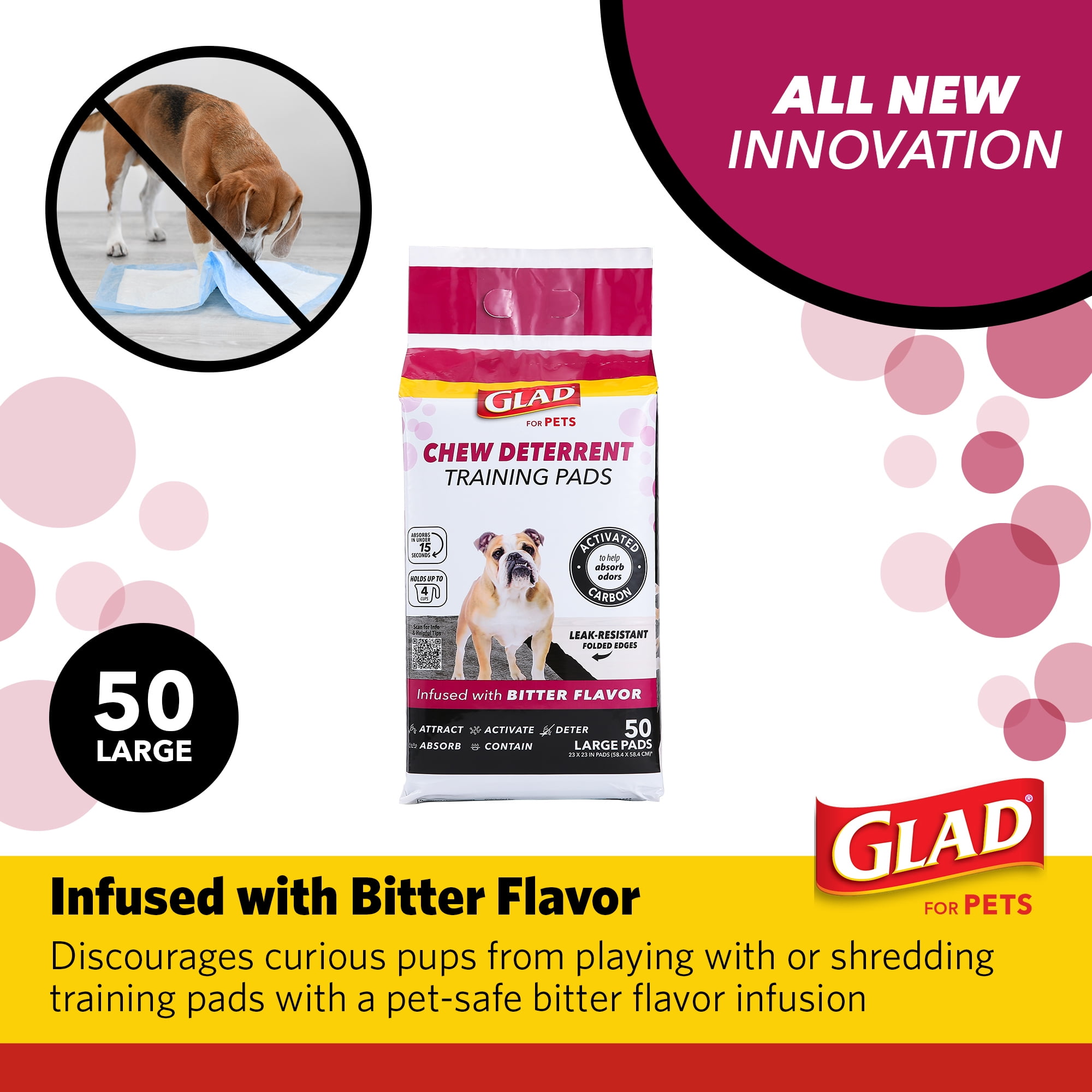 Glad Activated Carbon Puppy Dog Training Pads with Chew Deterrent & Odor Control 23”x23” 50ct