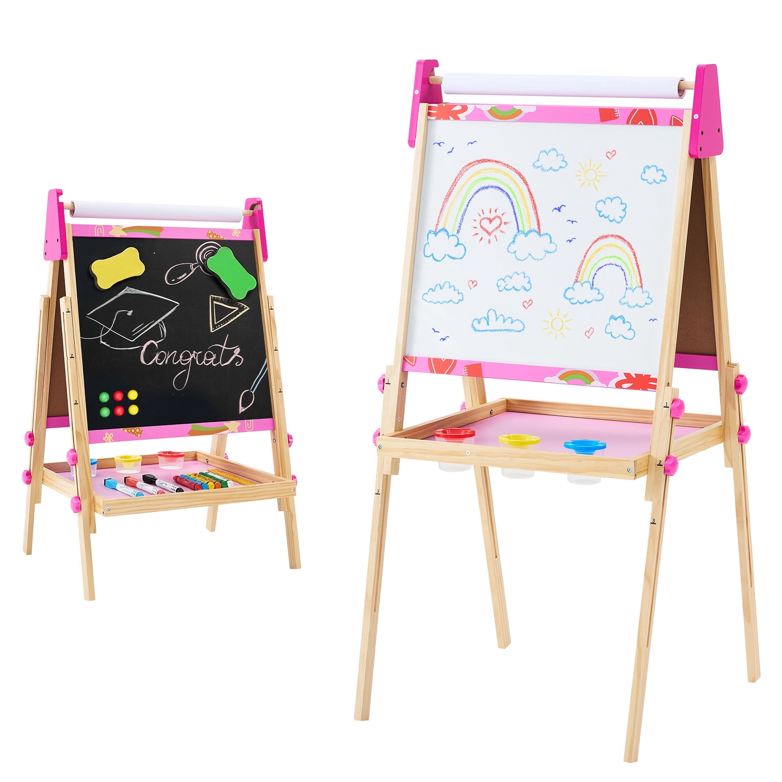 CONCETTA Kids Easel, Double-Sided Magnet Whiteboard & Chalkboard with Paper Roll, Storage Shelf & Accessories, Pink