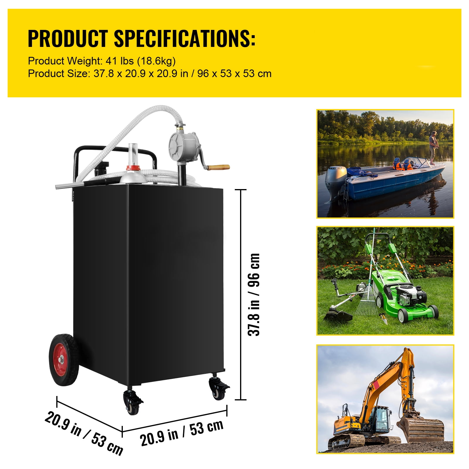 KFFKFF 30 Gallon Fuel Storage, Mobile Gas Tank & Quad Wheels, Equipped with Manual Transfer Pump, Petrol Diesel Fuel Holder for Vehicles, Lawn Equipment, ATVs, Marine Vessels, and More, in Black