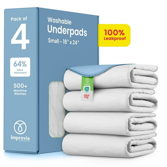 IMPROVIA Washable Bed Pads Heavy Absorbency Reusable Incontinence Pads, 18" x24” 4-Pack ( white & blue)