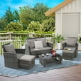 thumbnail image 3 of 6 Pieces Outdoor Patio Furniture Set, Wicker Sectional Sofa Set with Ottomans and Glass Coffee Table, Waterproof Patio Conversation Sets with Cushions for Garden Porch, Light Gray, 3 of 7